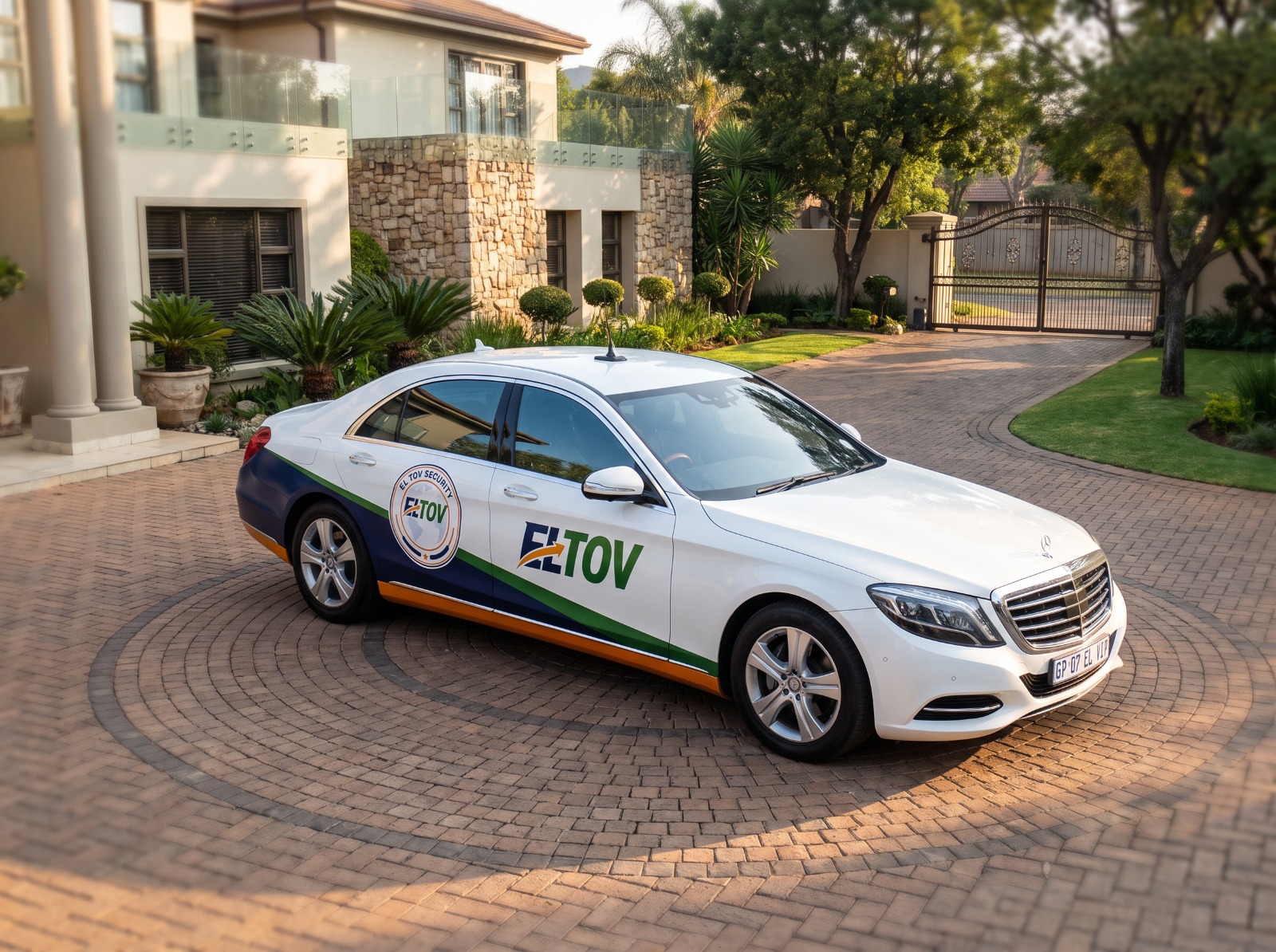 Eltov Security branded sedan on duty at a residential estate driveway