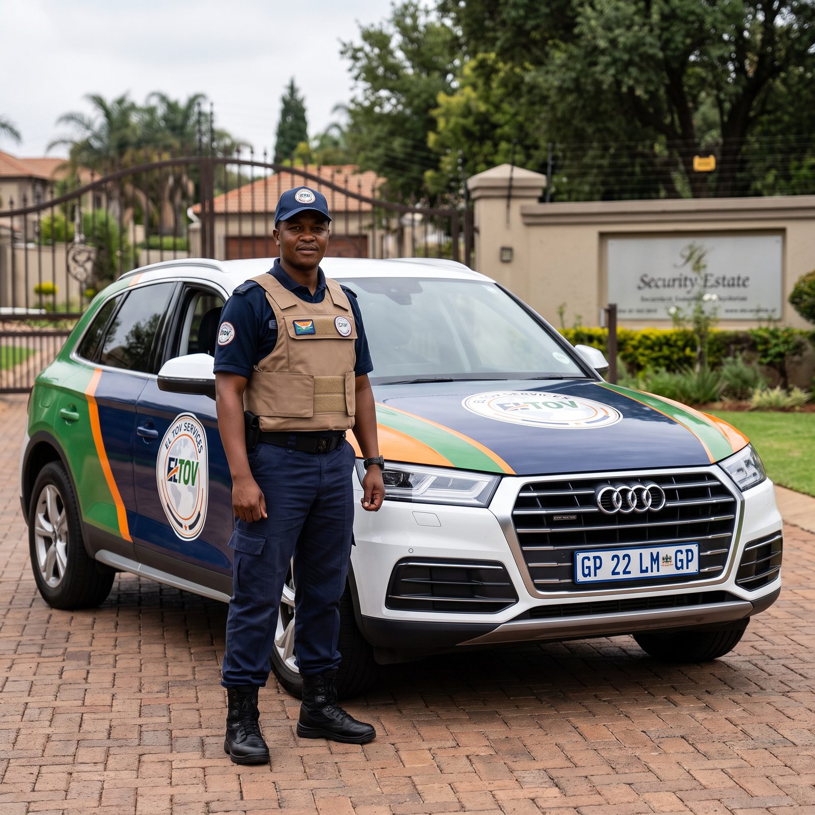 Uniformed Eltov Security officer standing beside a branded patrol vehicle at a residential estate gate
