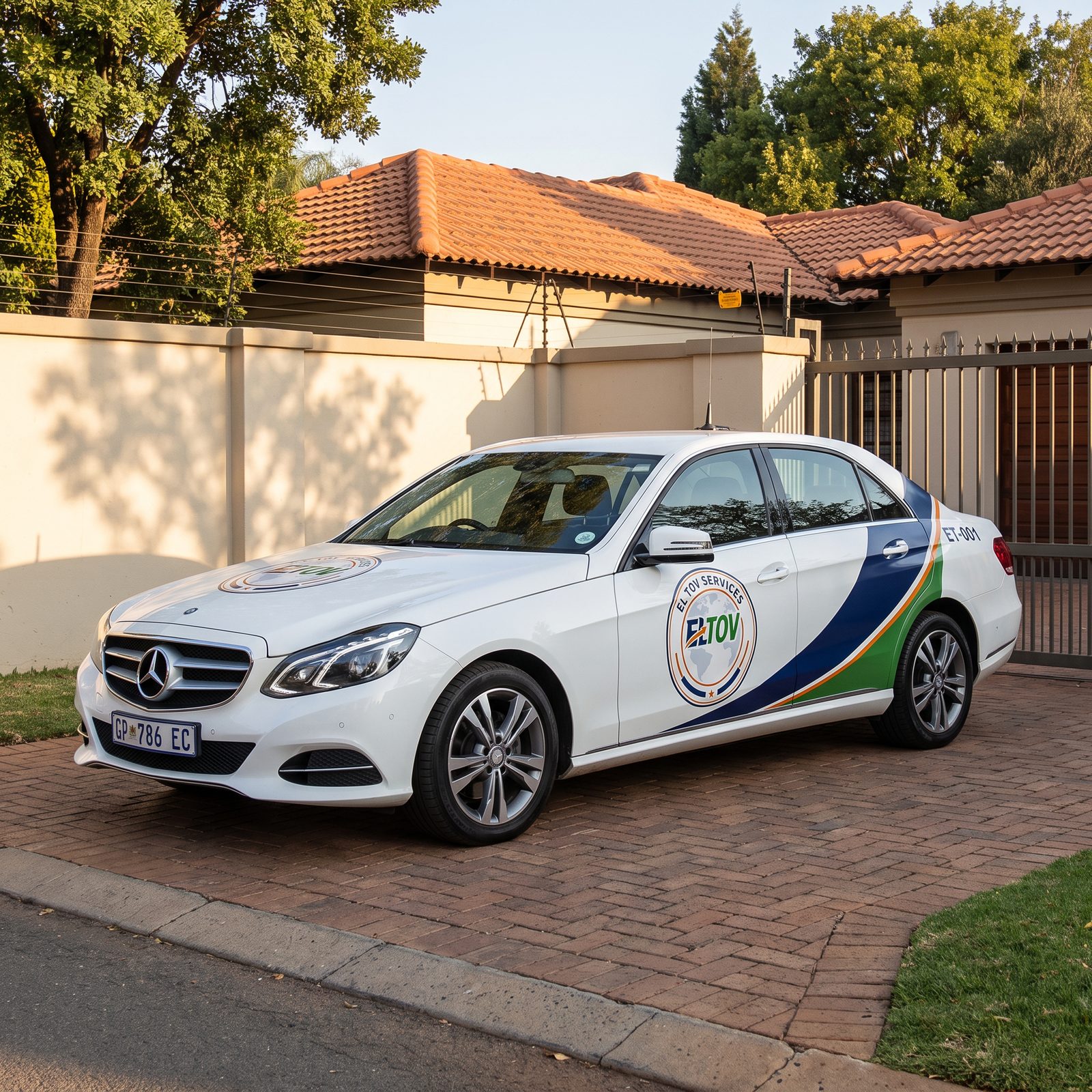 Eltov Security marked response vehicle ET-001 at a gated property